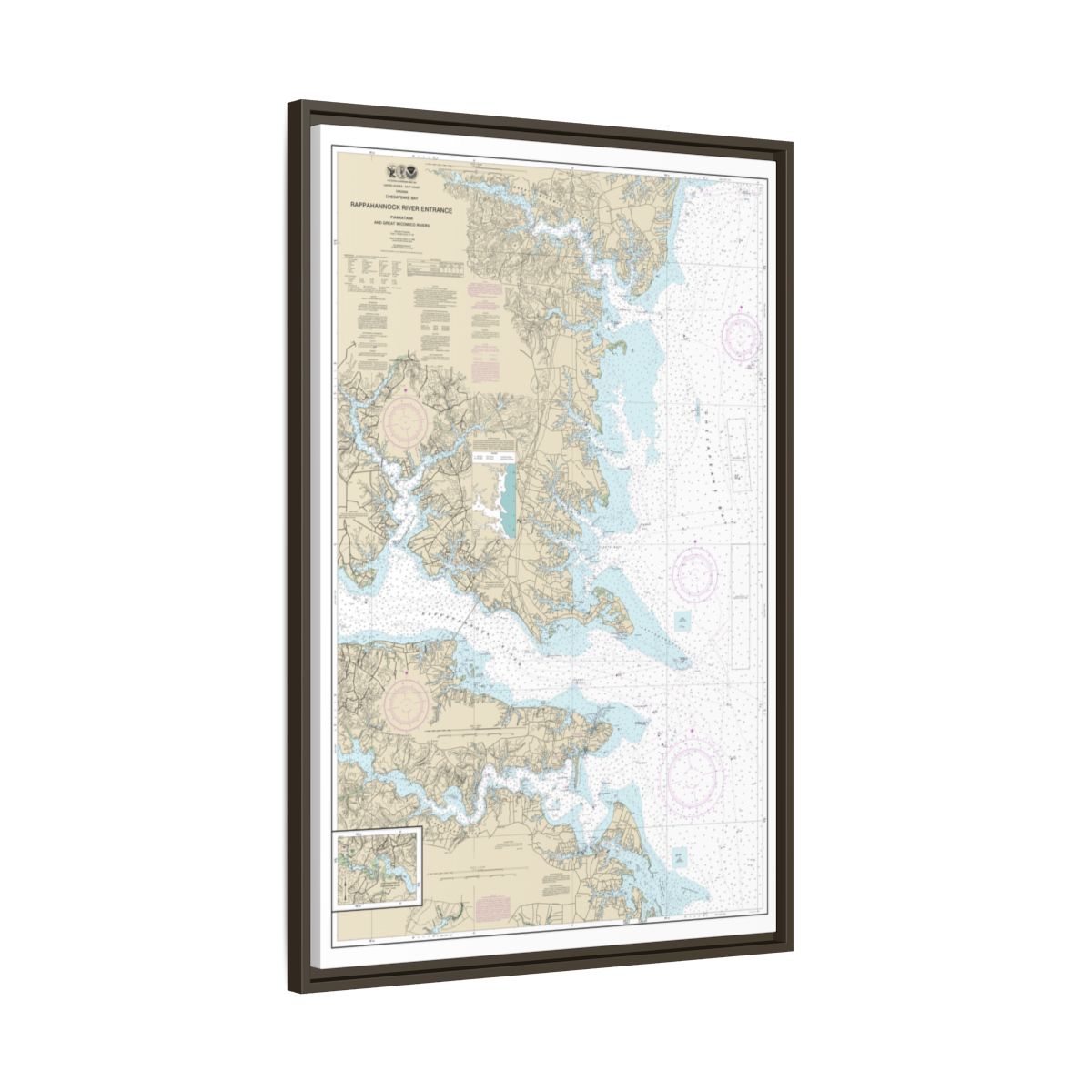 Chart 12235 Chesapeake Bay Rappahannock River Entrance, Piankatank and Great Wicomico Rivers - NOAA Nautical Chart Floating Frame Canvas | 20" x 30" | 24" x 36" | 32" x 48" - Espresso side