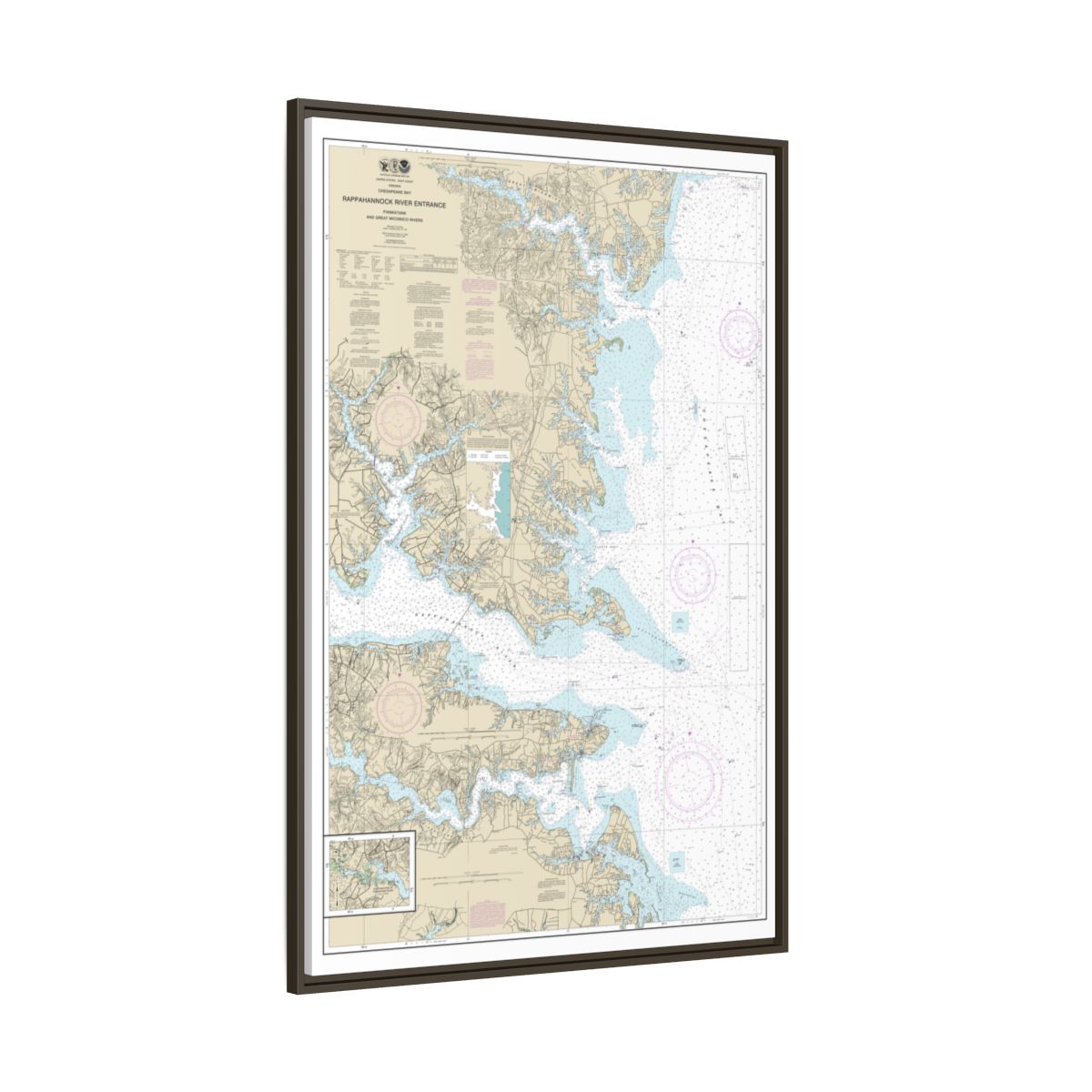 Chart 12235 Chesapeake Bay Rappahannock River Entrance, Piankatank and Great Wicomico Rivers - NOAA Nautical Chart Floating Frame Canvas | 20" x 30" | 24" x 36" | 32" x 48" - Espresso side