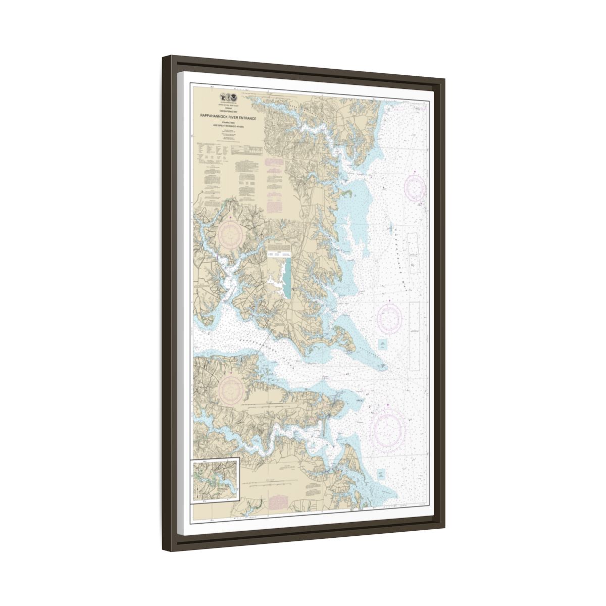 Chart 12235 Chesapeake Bay Rappahannock River Entrance, Piankatank and Great Wicomico Rivers - NOAA Nautical Chart Floating Frame Canvas | 20" x 30" | 24" x 36" | 32" x 48" - Espresso side