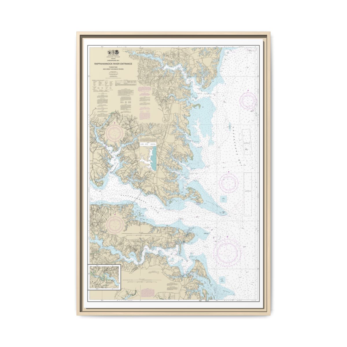 Chart 12235 Chesapeake Bay Rappahannock River Entrance, Piankatank and Great Wicomico Rivers - NOAA Nautical Chart Floating Frame Canvas | 20" x 30" | 24" x 36" | 32" x 48" - Natural front