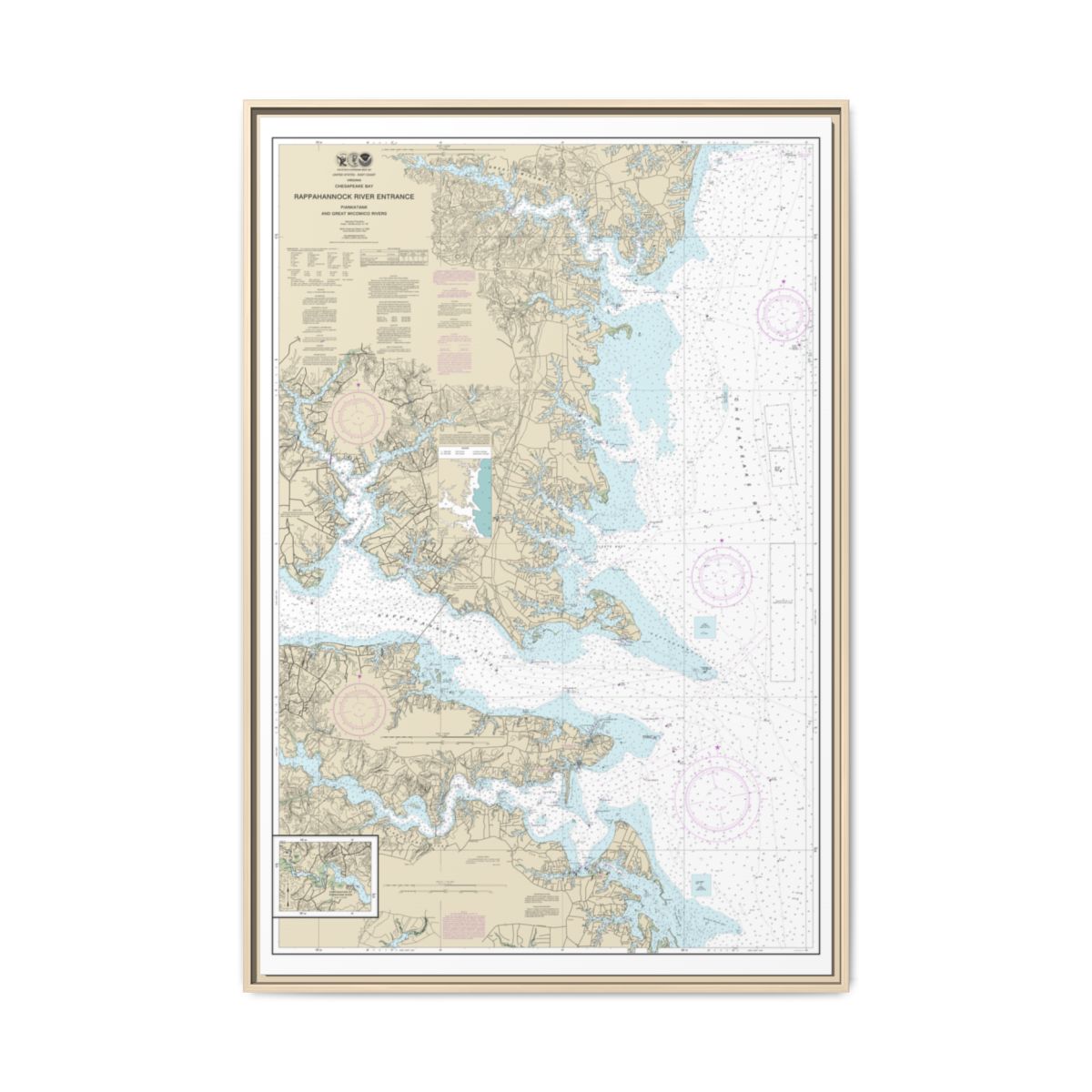 Chart 12235 Chesapeake Bay Rappahannock River Entrance, Piankatank and Great Wicomico Rivers - NOAA Nautical Chart Floating Frame Canvas | 20" x 30" | 24" x 36" | 32" x 48" - Natural front
