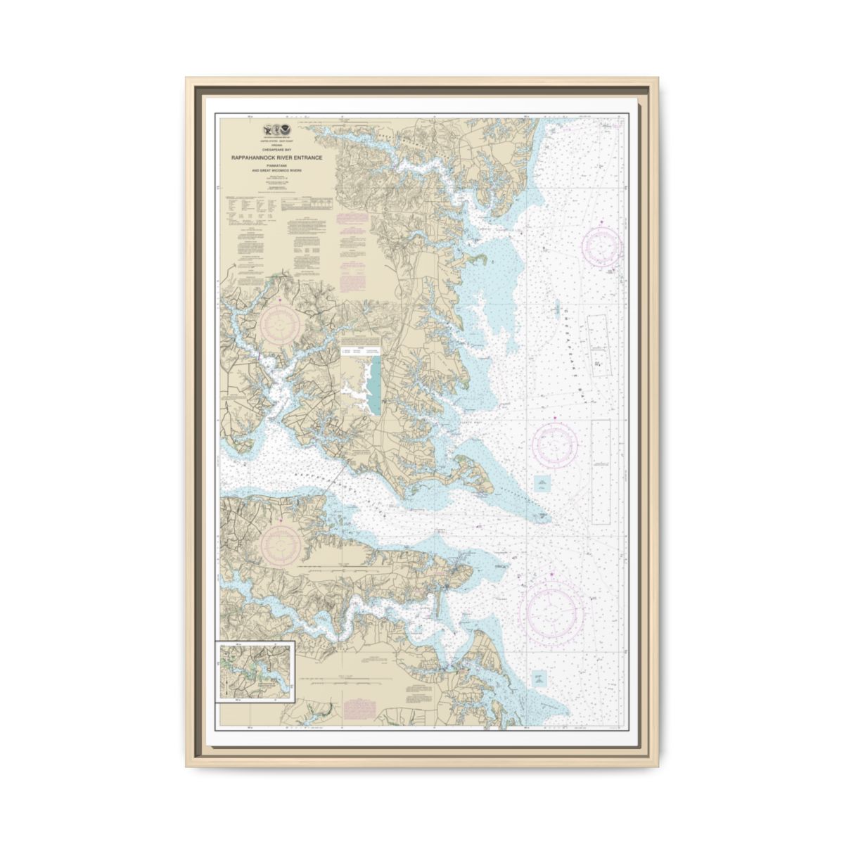 Chart 12235 Chesapeake Bay Rappahannock River Entrance, Piankatank and Great Wicomico Rivers - NOAA Nautical Chart Floating Frame Canvas | 20" x 30" | 24" x 36" | 32" x 48" - Natural front