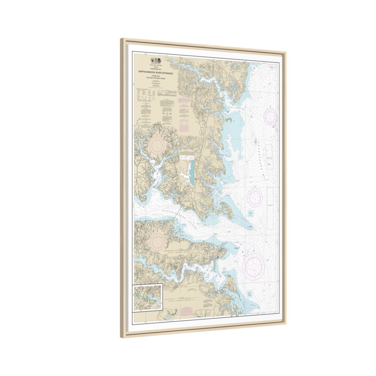 Chart 12235 Chesapeake Bay Rappahannock River Entrance, Piankatank and Great Wicomico Rivers - NOAA Nautical Chart Floating Frame Canvas | 20" x 30" | 24" x 36" | 32" x 48" - Natural side