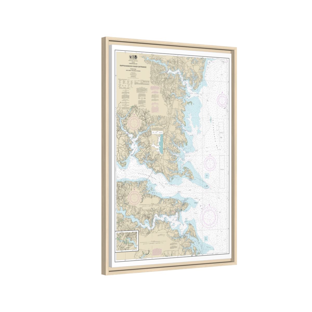 Chart 12235 Chesapeake Bay Rappahannock River Entrance, Piankatank and Great Wicomico Rivers - NOAA Nautical Chart Floating Frame Canvas | 20" x 30" | 24" x 36" | 32" x 48" - Natural side