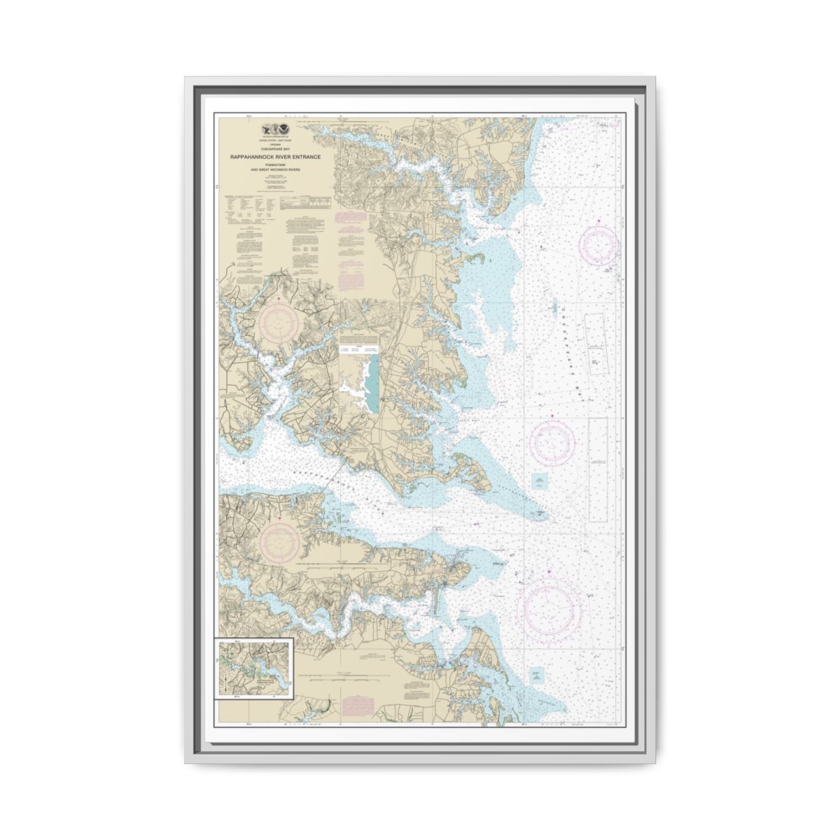 Chart 12235 Chesapeake Bay Rappahannock River Entrance, Piankatank and Great Wicomico Rivers - NOAA Nautical Chart Floating Frame Canvas | 20" x 30" | 24" x 36" | 32" x 48" - White front