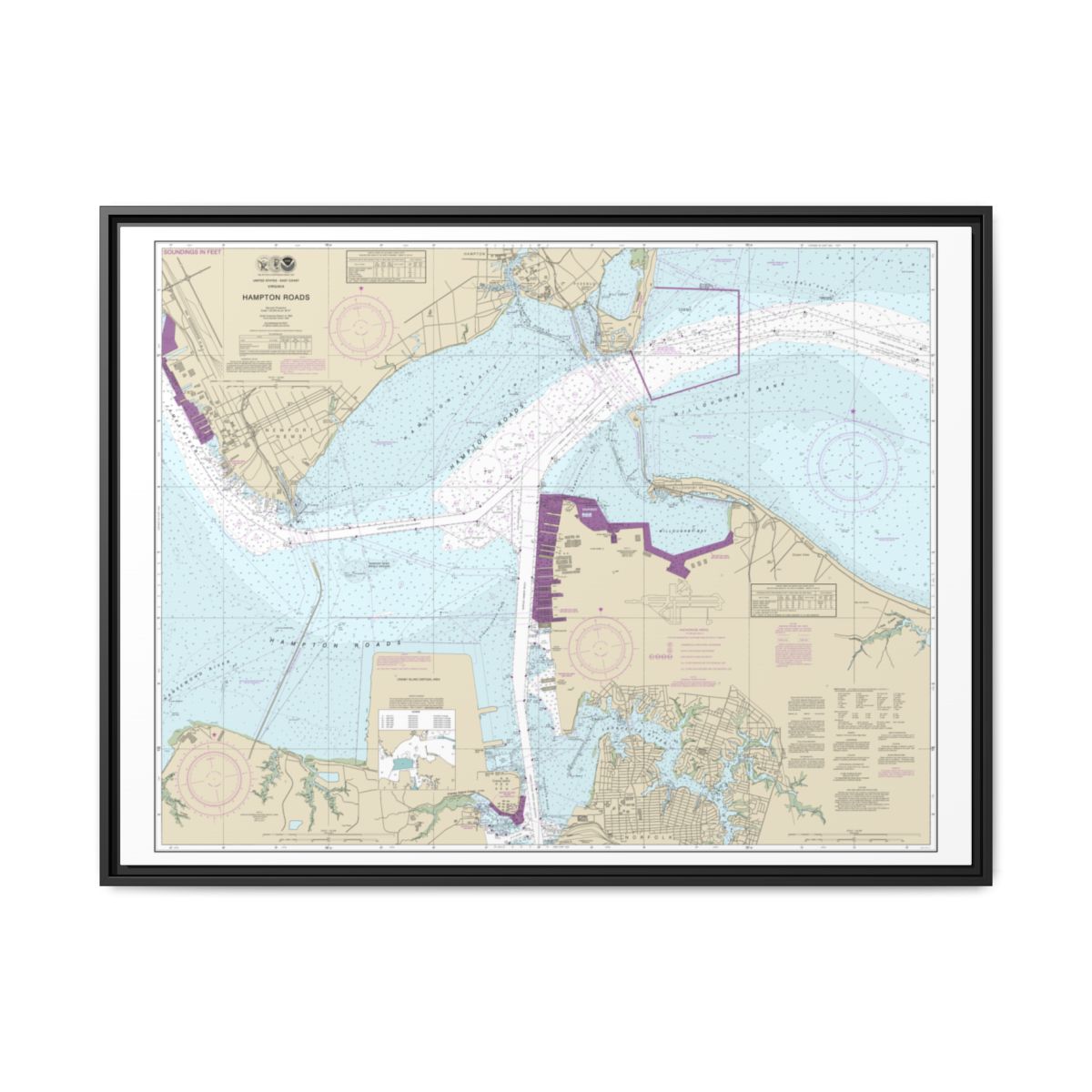 Chart 12245 Hampton Roads - NOAA Nautical Chart Floating Frame Canvas | 32" x 24" | 40" x 30" - Black front