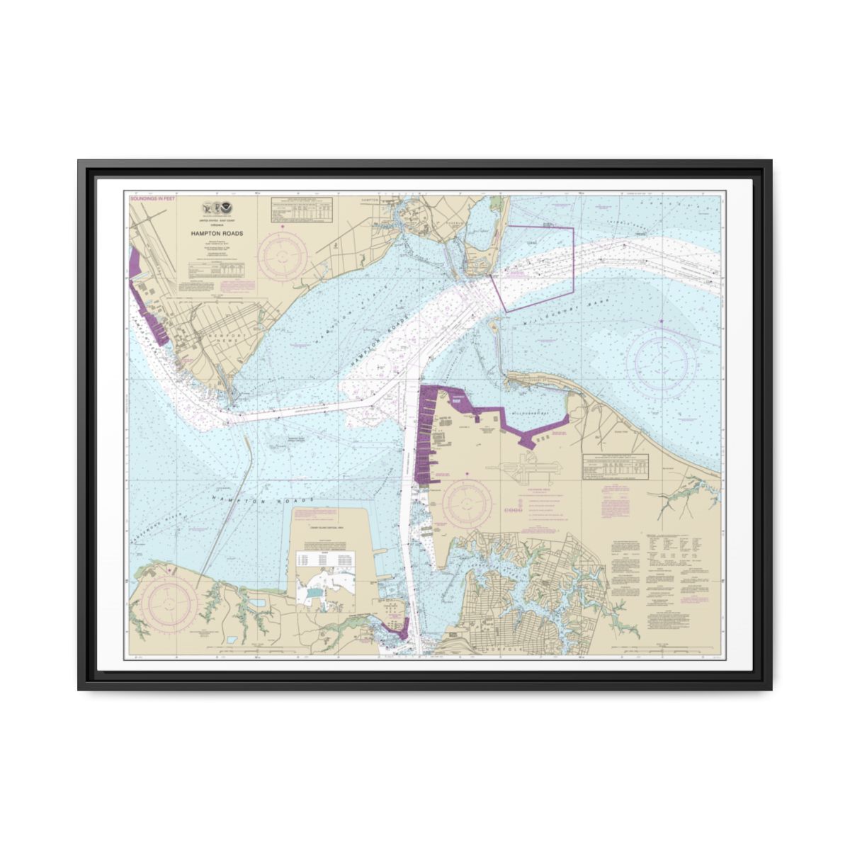 Chart 12245 Hampton Roads - NOAA Nautical Chart Floating Frame Canvas | 32" x 24" | 40" x 30" - Black front