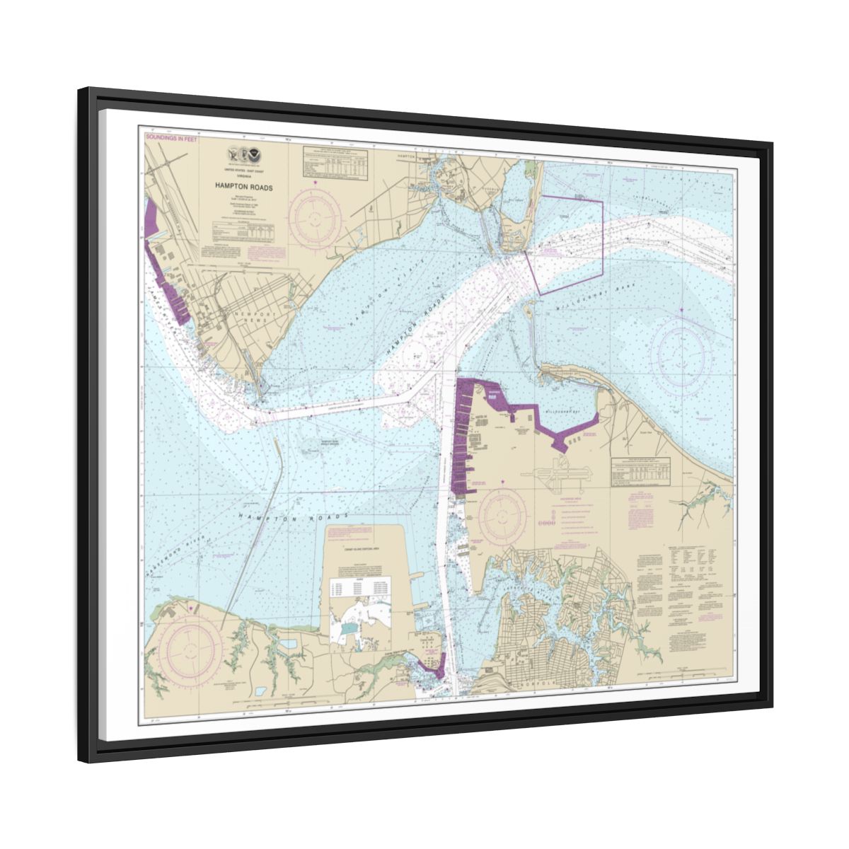 Chart 12245 Hampton Roads - NOAA Nautical Chart Floating Frame Canvas | 32" x 24" | 40" x 30" - Black side