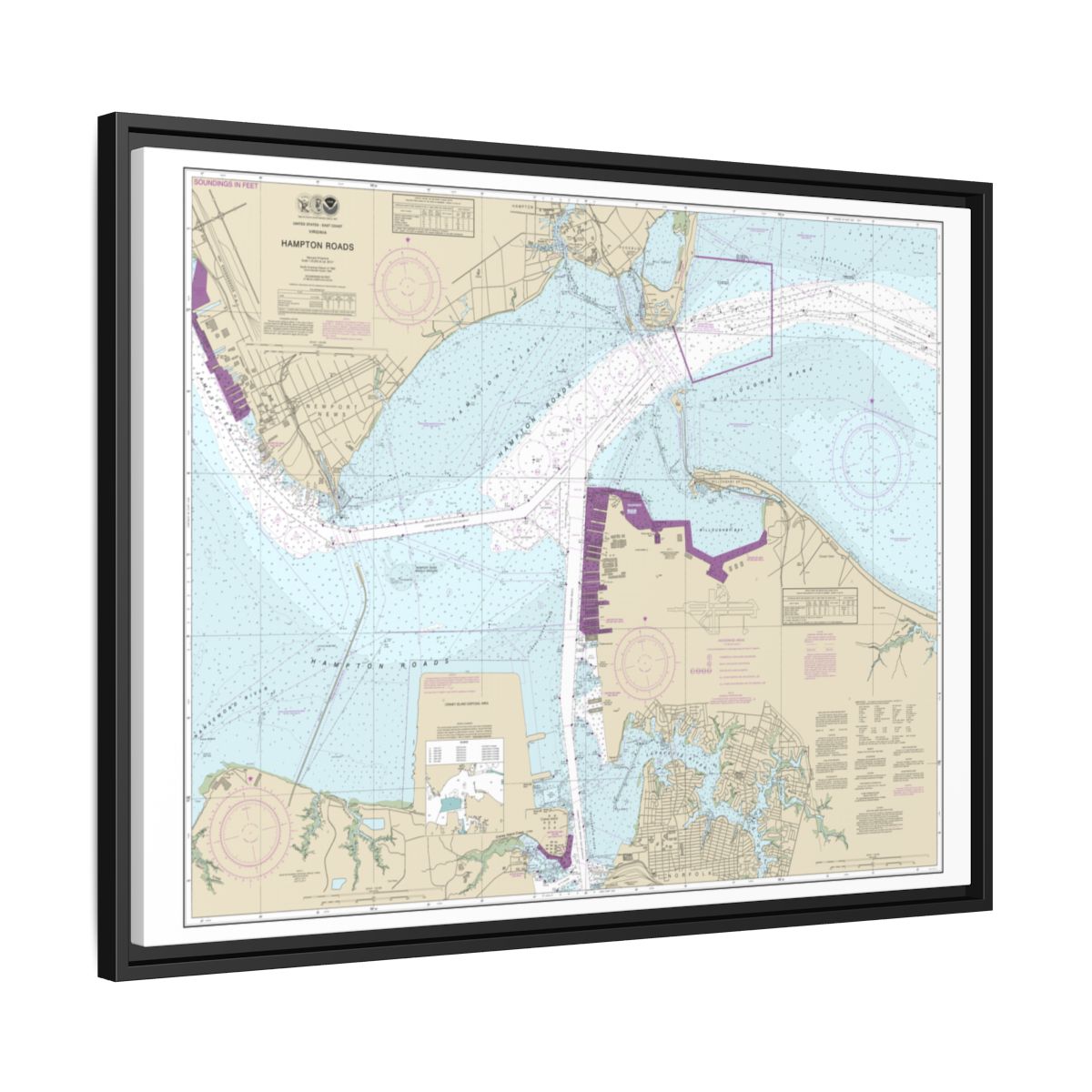 Chart 12245 Hampton Roads - NOAA Nautical Chart Floating Frame Canvas | 32" x 24" | 40" x 30" - Black side