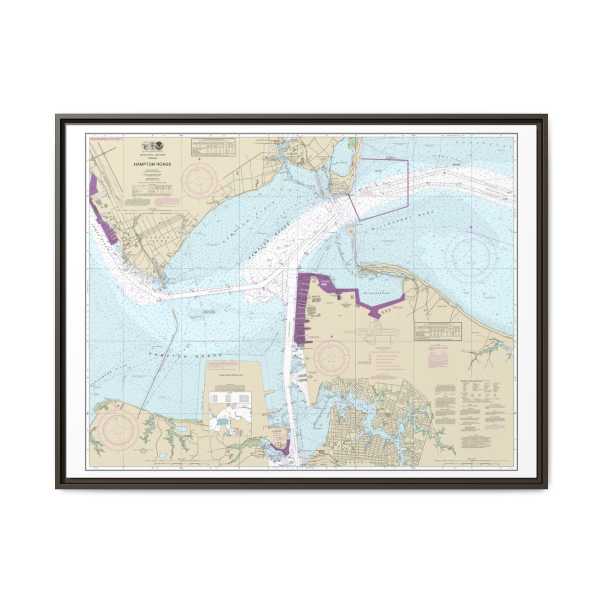 Chart 12245 Hampton Roads - NOAA Nautical Chart Floating Frame Canvas | 32" x 24" | 40" x 30" - Espresso front