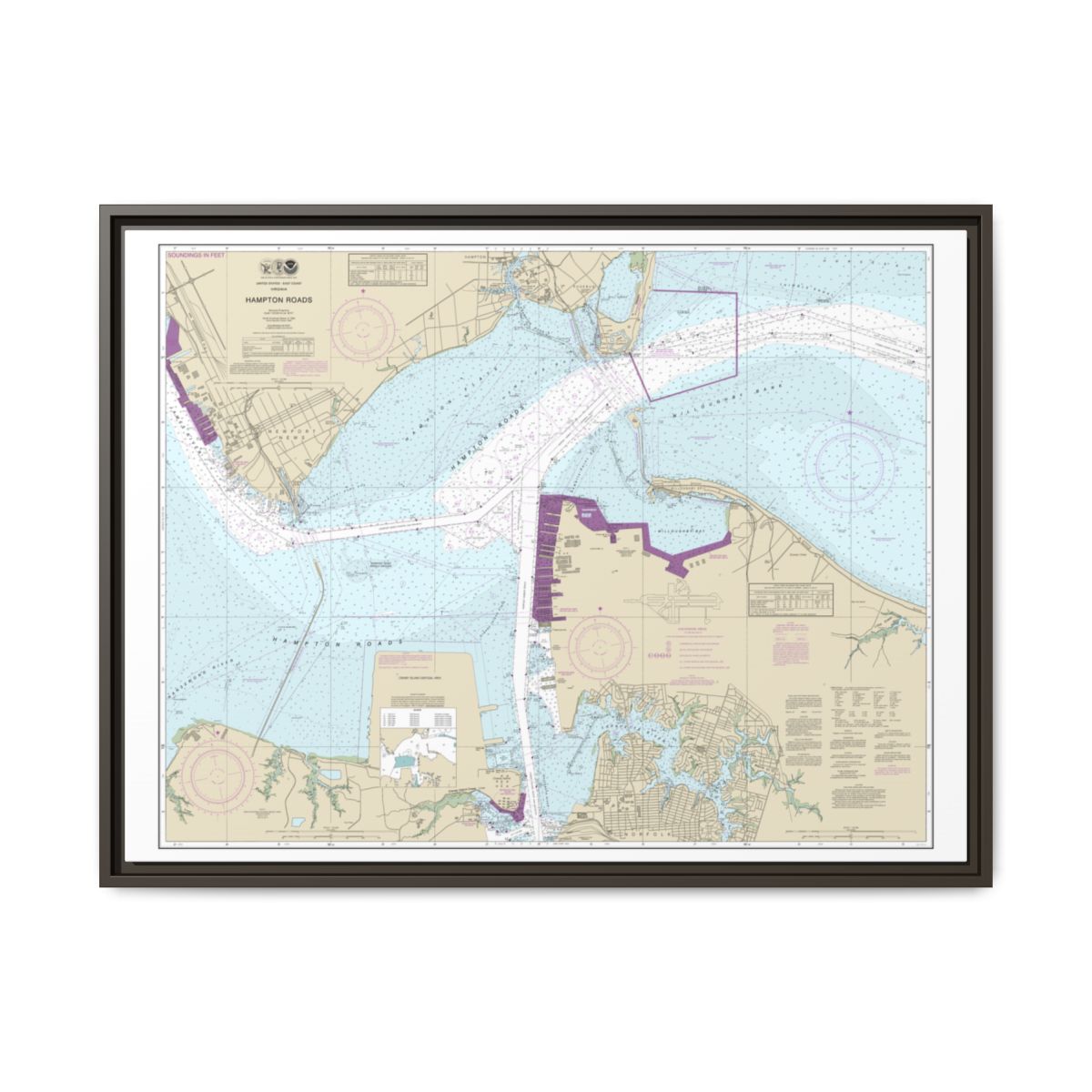 Chart 12245 Hampton Roads - NOAA Nautical Chart Floating Frame Canvas | 32" x 24" | 40" x 30" - Espresso front