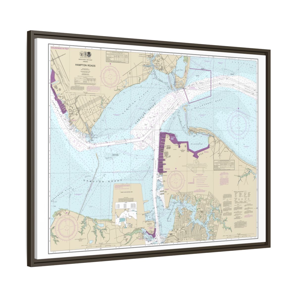 Chart 12245 Hampton Roads - NOAA Nautical Chart Floating Frame Canvas | 32" x 24" | 40" x 30" - Espresso side