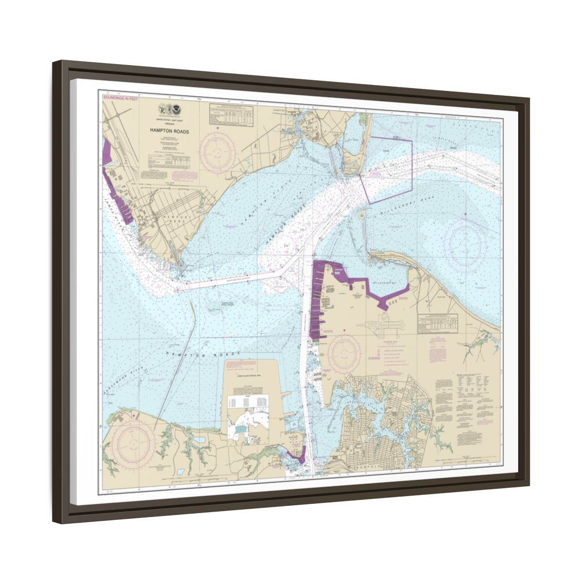 Chart 12245 Hampton Roads - NOAA Nautical Chart Floating Frame Canvas | 32" x 24" | 40" x 30" - Espresso side