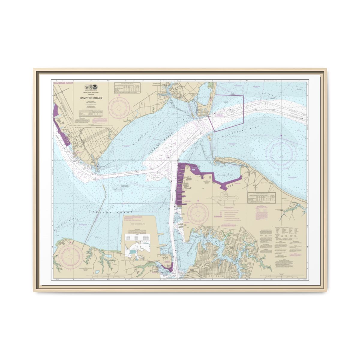 Chart 12245 Hampton Roads - NOAA Nautical Chart Floating Frame Canvas | 32" x 24" | 40" x 30" - Natural front