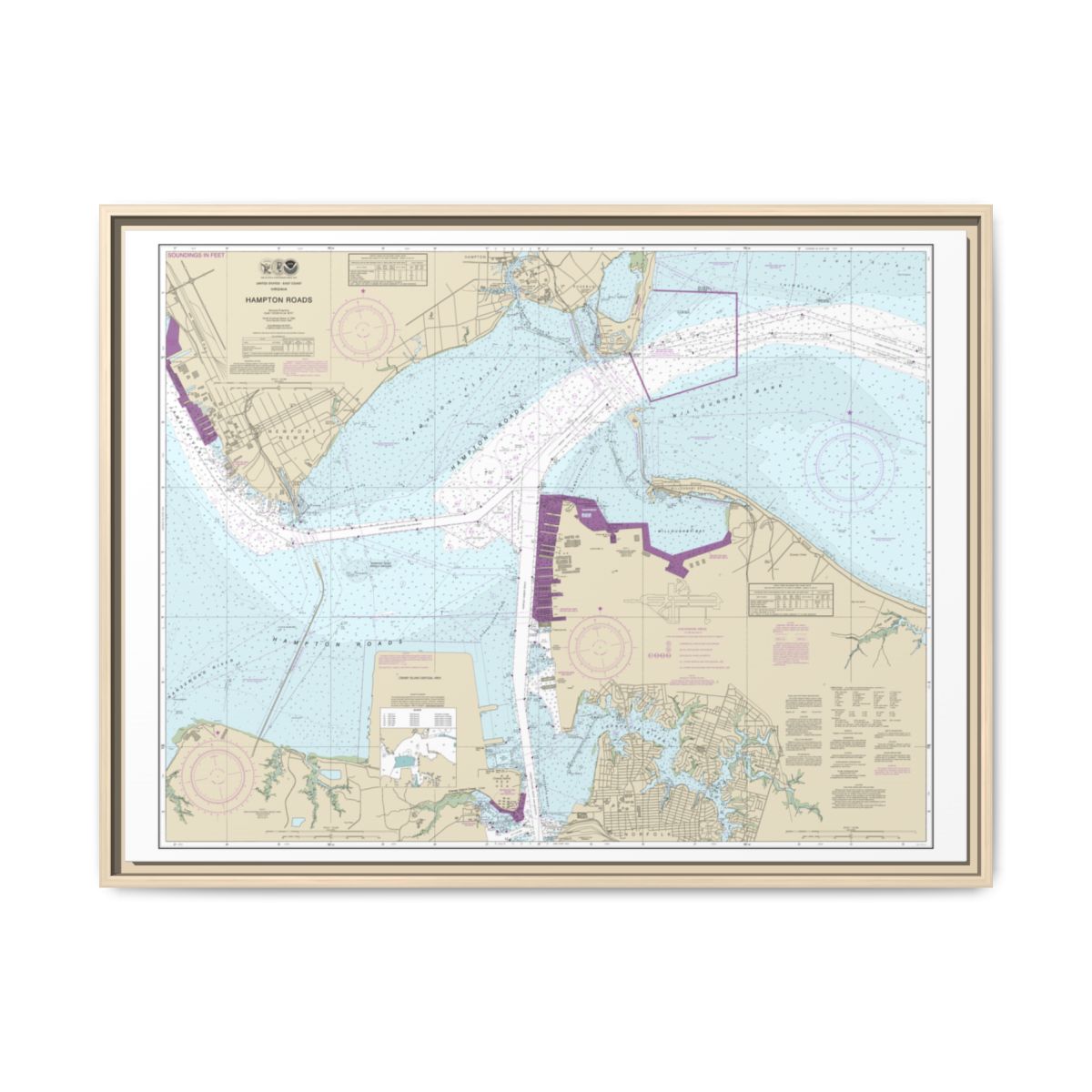 Chart 12245 Hampton Roads - NOAA Nautical Chart Floating Frame Canvas | 32" x 24" | 40" x 30" - Natural front