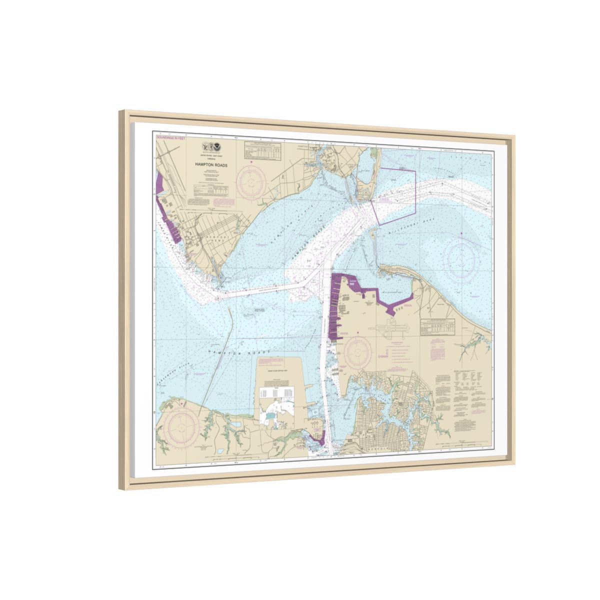 Chart 12245 Hampton Roads - NOAA Nautical Chart Floating Frame Canvas | 32" x 24" | 40" x 30" - Natural side