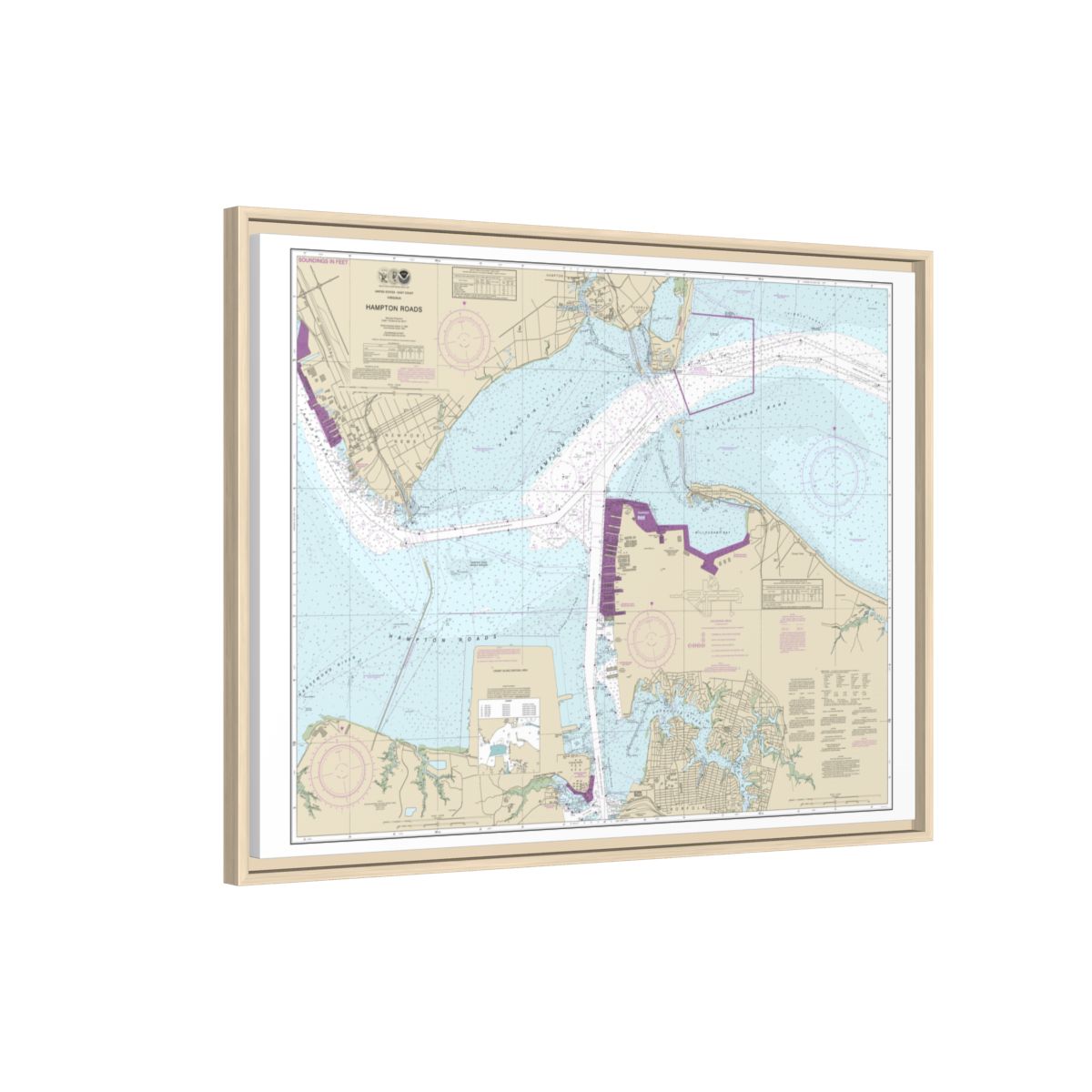 Chart 12245 Hampton Roads - NOAA Nautical Chart Floating Frame Canvas | 32" x 24" | 40" x 30" - Natural side