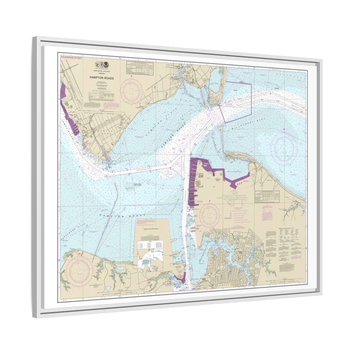 Chart 12245 Hampton Roads - NOAA Nautical Chart Floating Frame Canvas | 32" x 24" | 40" x 30" - White side