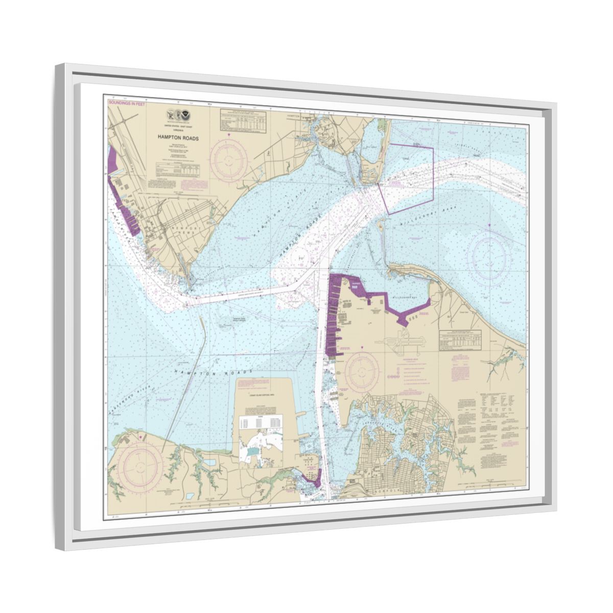 Chart 12245 Hampton Roads - NOAA Nautical Chart Floating Frame Canvas | 32" x 24" | 40" x 30" - White side