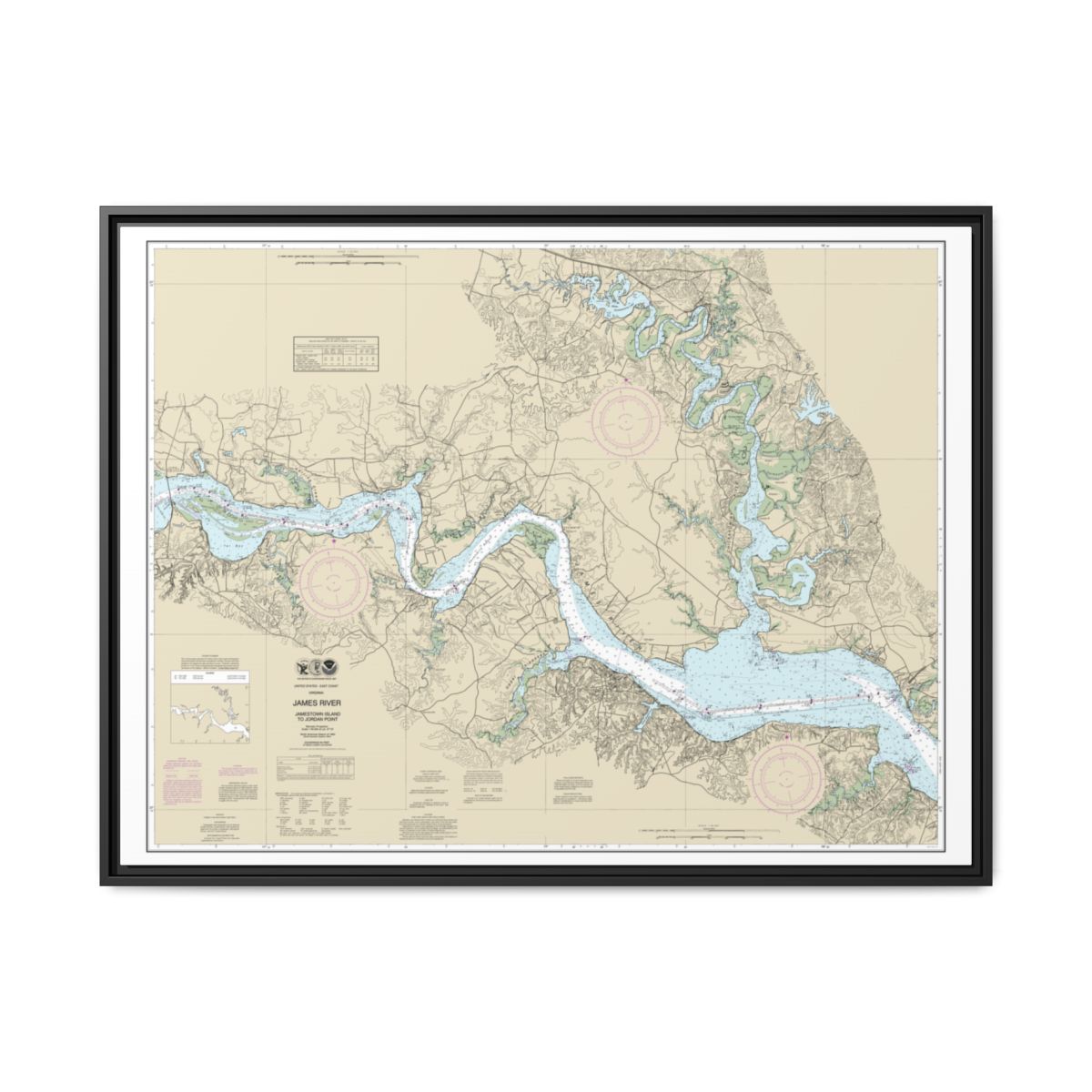 Chart 12251 James River Jamestown Island to Jordan Point - NOAA Nautical Chart Floating Frame Canvas | 32" x 24" | 40" x 30" - Black front