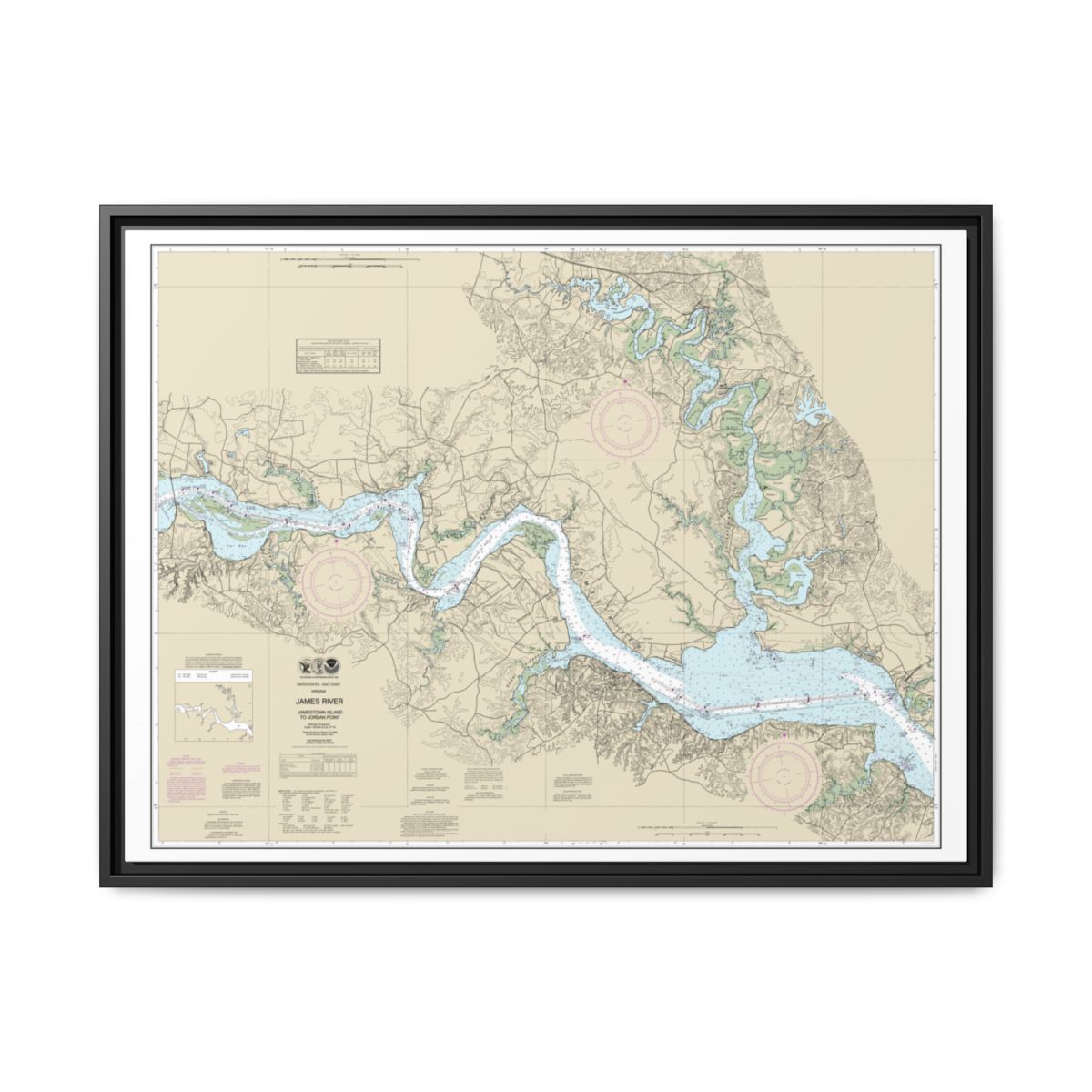 Chart 12251 James River Jamestown Island to Jordan Point - NOAA Nautical Chart Floating Frame Canvas | 32" x 24" | 40" x 30" - Black front