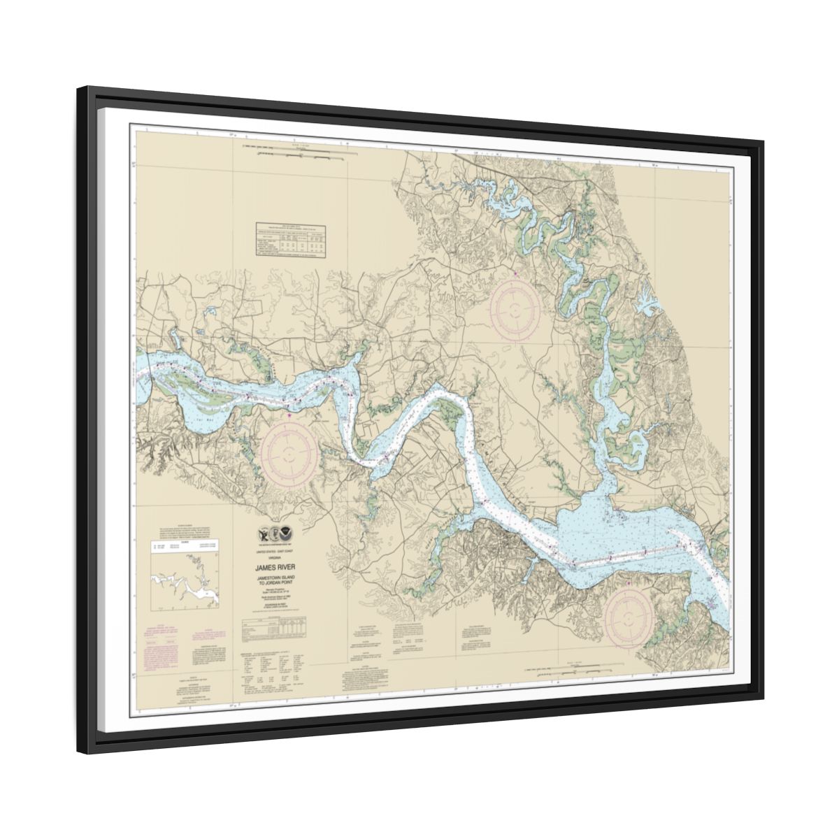 Chart 12251 James River Jamestown Island to Jordan Point - NOAA Nautical Chart Floating Frame Canvas | 32" x 24" | 40" x 30" - Black side