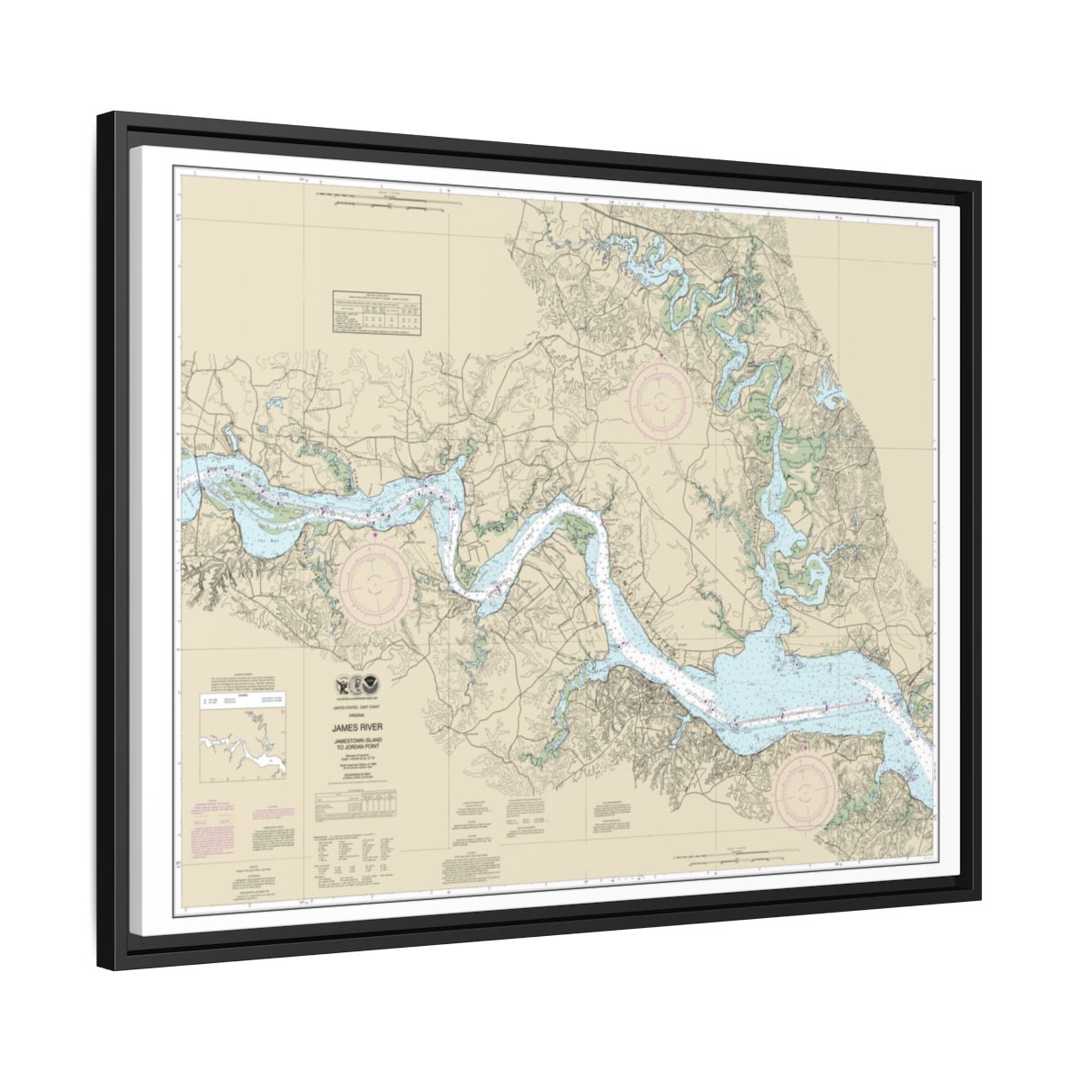 Chart 12251 James River Jamestown Island to Jordan Point - NOAA Nautical Chart Floating Frame Canvas | 32" x 24" | 40" x 30" - Black side