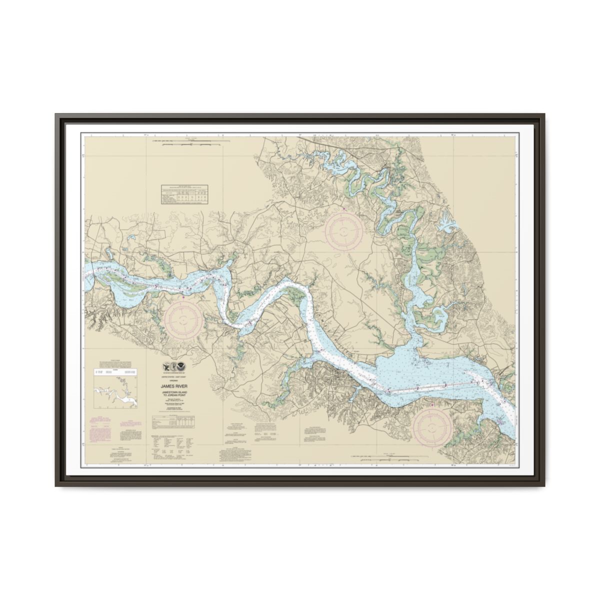 Chart 12251 James River Jamestown Island to Jordan Point - NOAA Nautical Chart Floating Frame Canvas | 32" x 24" | 40" x 30" - Espresso front