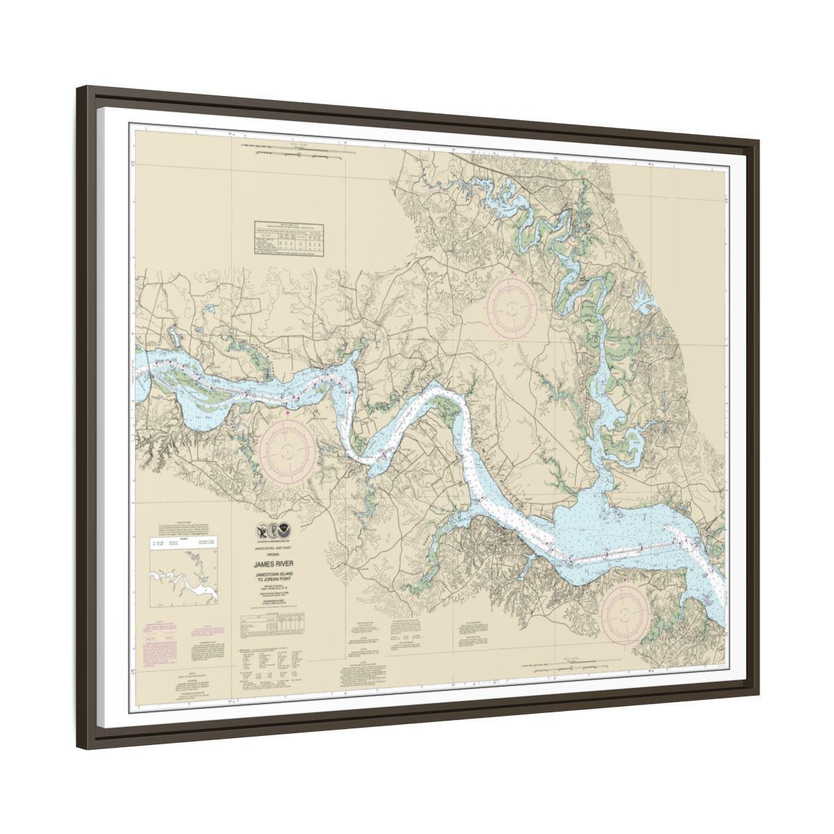 Chart 12251 James River Jamestown Island to Jordan Point - NOAA Nautical Chart Floating Frame Canvas | 32" x 24" | 40" x 30" - Espresso side