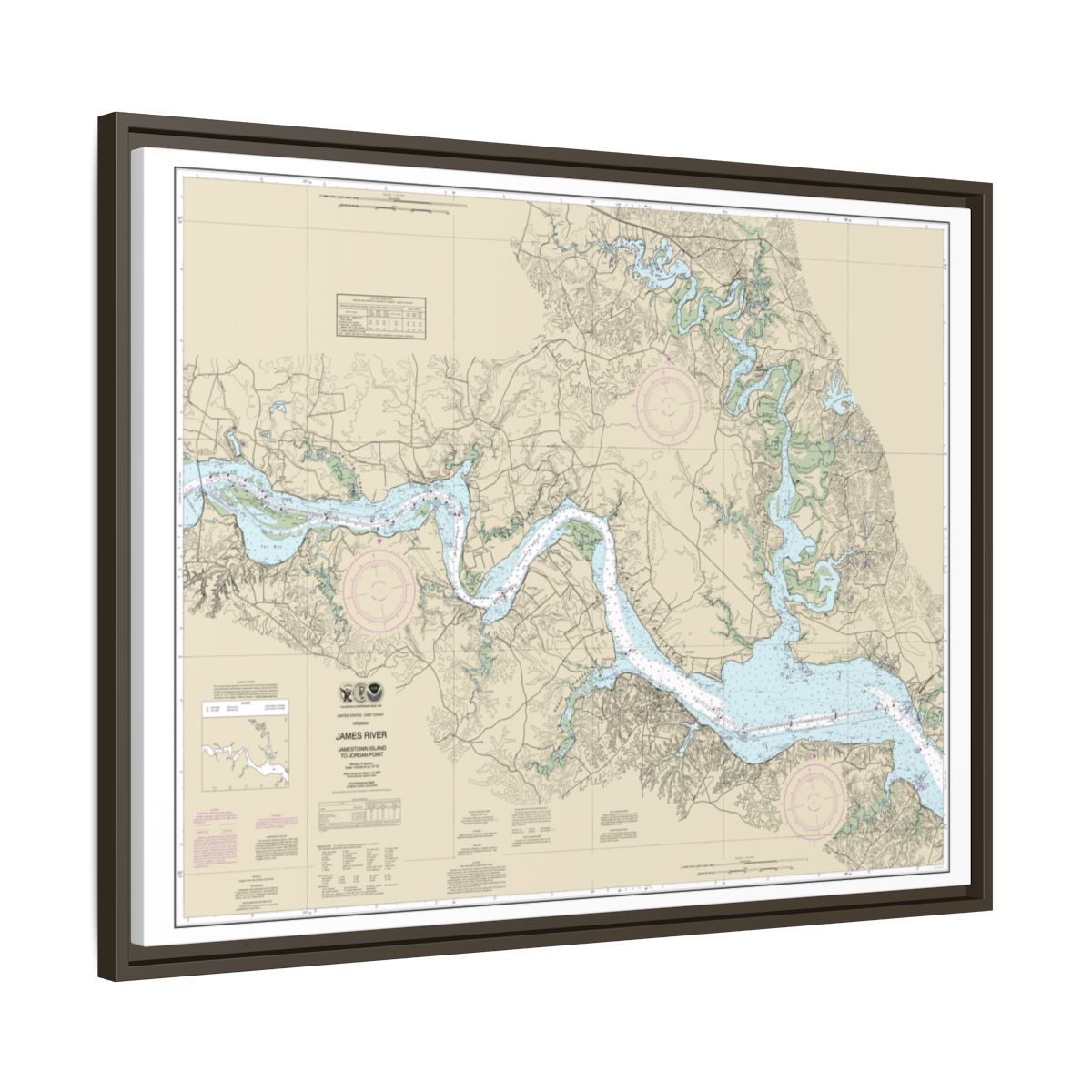 Chart 12251 James River Jamestown Island to Jordan Point - NOAA Nautical Chart Floating Frame Canvas | 32" x 24" | 40" x 30" - Espresso side