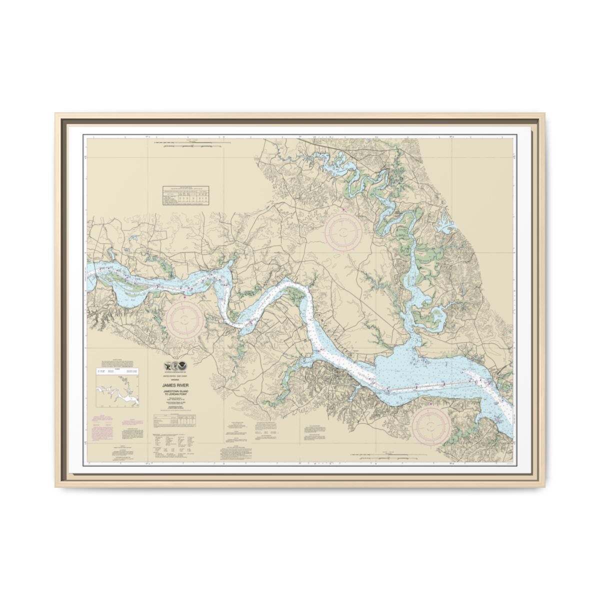 Chart 12251 James River Jamestown Island to Jordan Point - NOAA Nautical Chart Floating Frame Canvas | 32" x 24" | 40" x 30" - Natural front