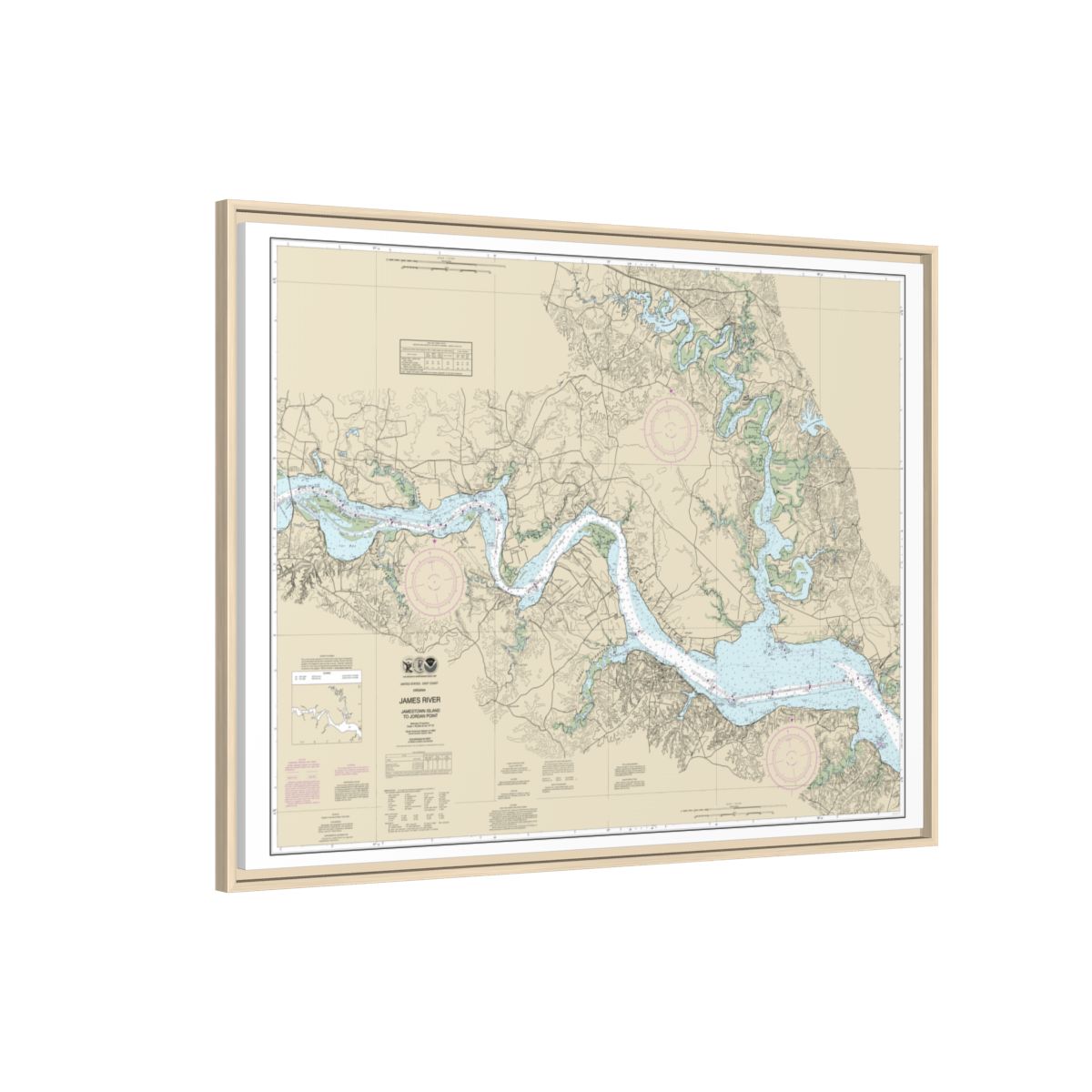 Chart 12251 James River Jamestown Island to Jordan Point - NOAA Nautical Chart Floating Frame Canvas | 32" x 24" | 40" x 30" - Natural side