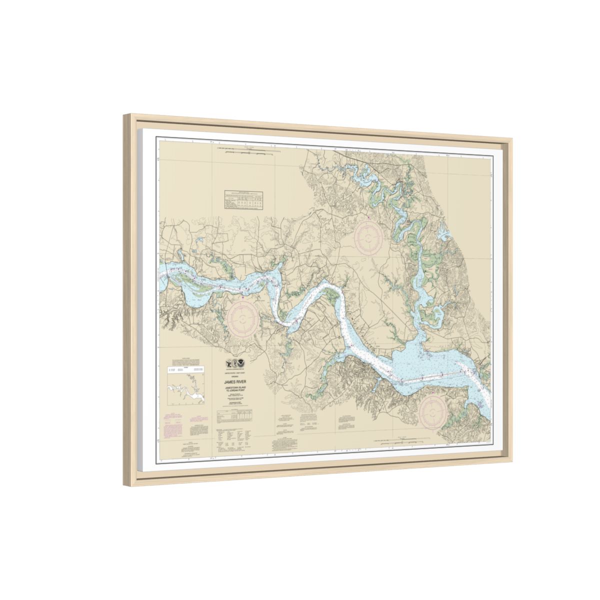 Chart 12251 James River Jamestown Island to Jordan Point - NOAA Nautical Chart Floating Frame Canvas | 32" x 24" | 40" x 30" - Natural side