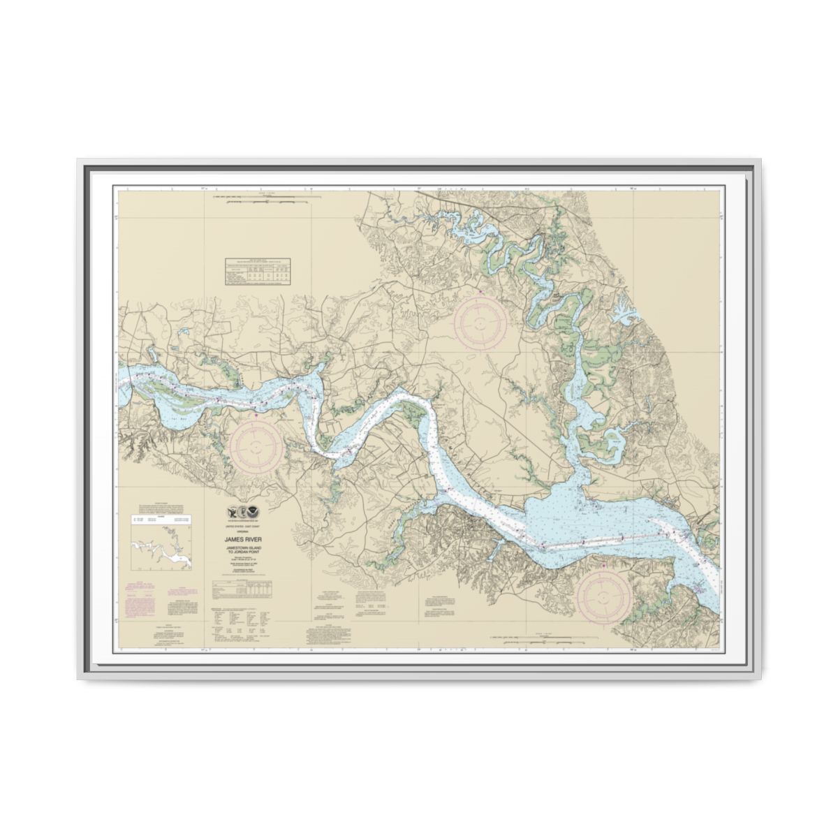 Chart 12251 James River Jamestown Island to Jordan Point - NOAA Nautical Chart Floating Frame Canvas | 32" x 24" | 40" x 30" - White front