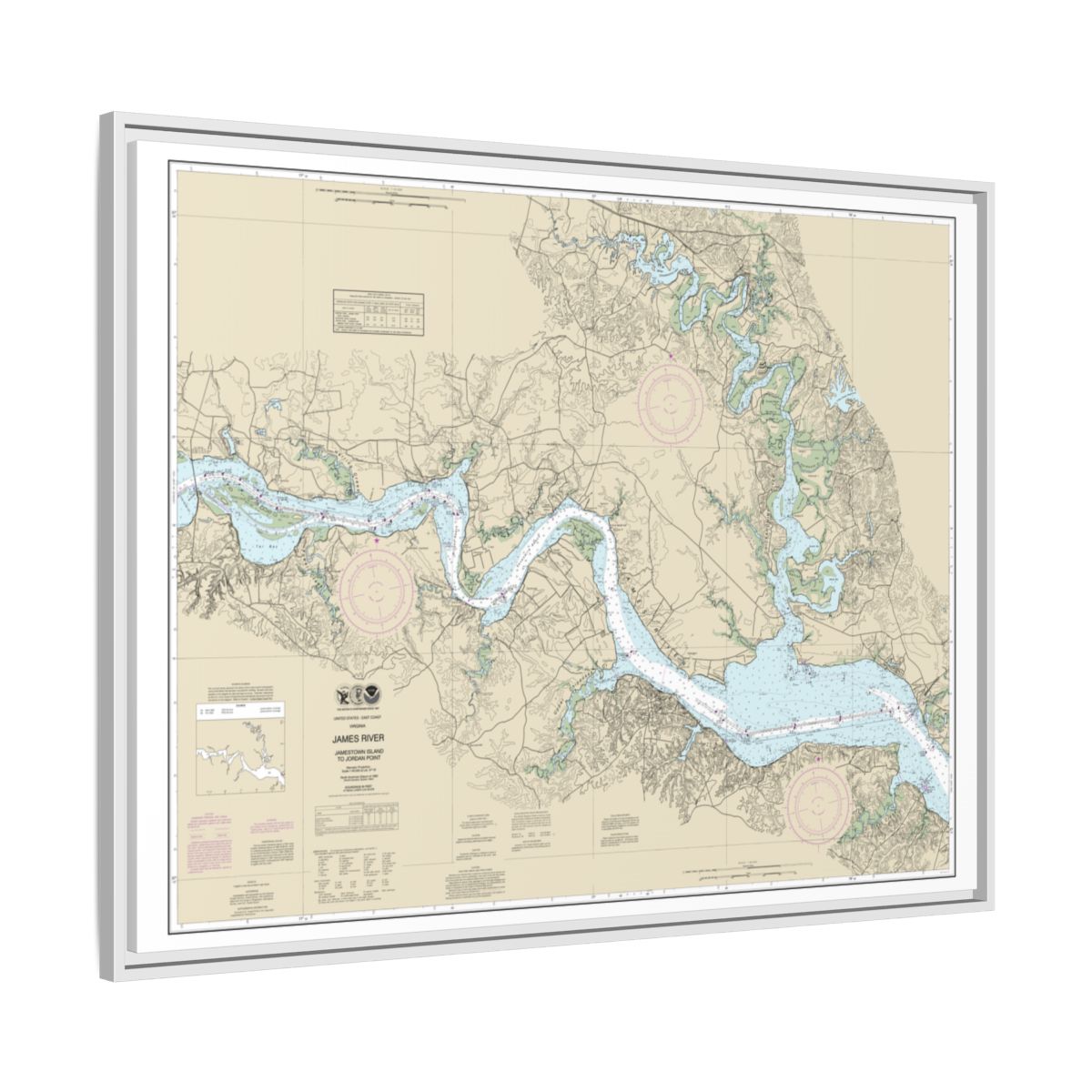 Chart 12251 James River Jamestown Island to Jordan Point - NOAA Nautical Chart Floating Frame Canvas | 32" x 24" | 40" x 30" - White side