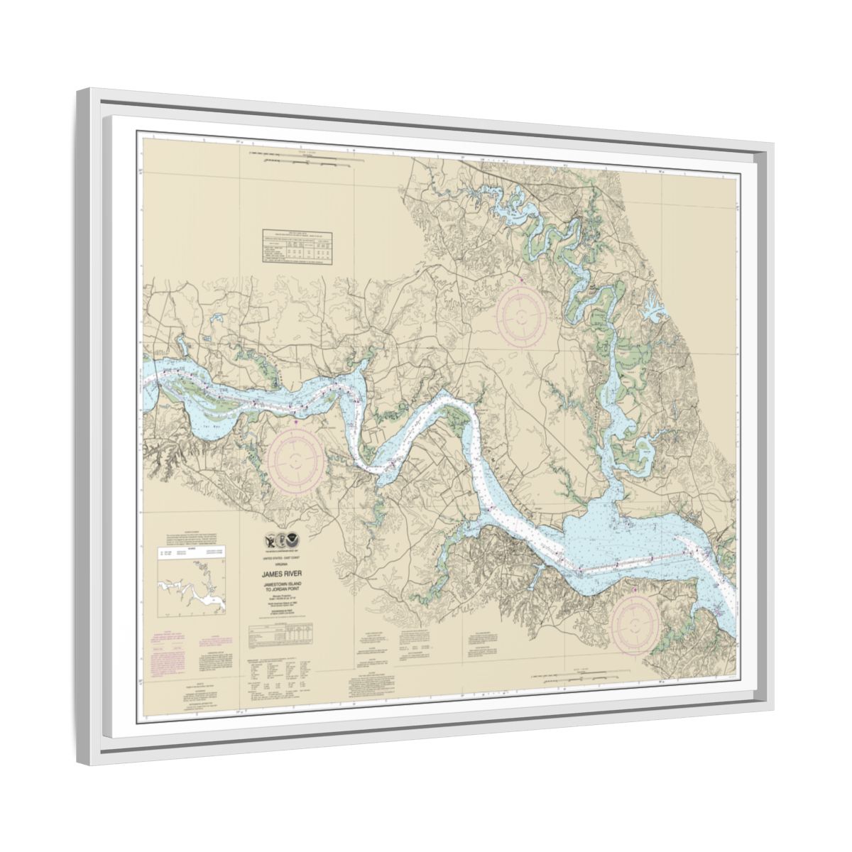 Chart 12251 James River Jamestown Island to Jordan Point - NOAA Nautical Chart Floating Frame Canvas | 32" x 24" | 40" x 30" - White side