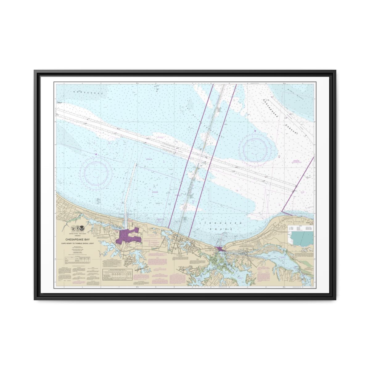 Chart 12254 Chesapeake Bay Cape Henry to Thimble Shoal Light - NOAA Nautical Chart Floating Frame Canvas | 32" x 24" | 40" x 30" - Black front
