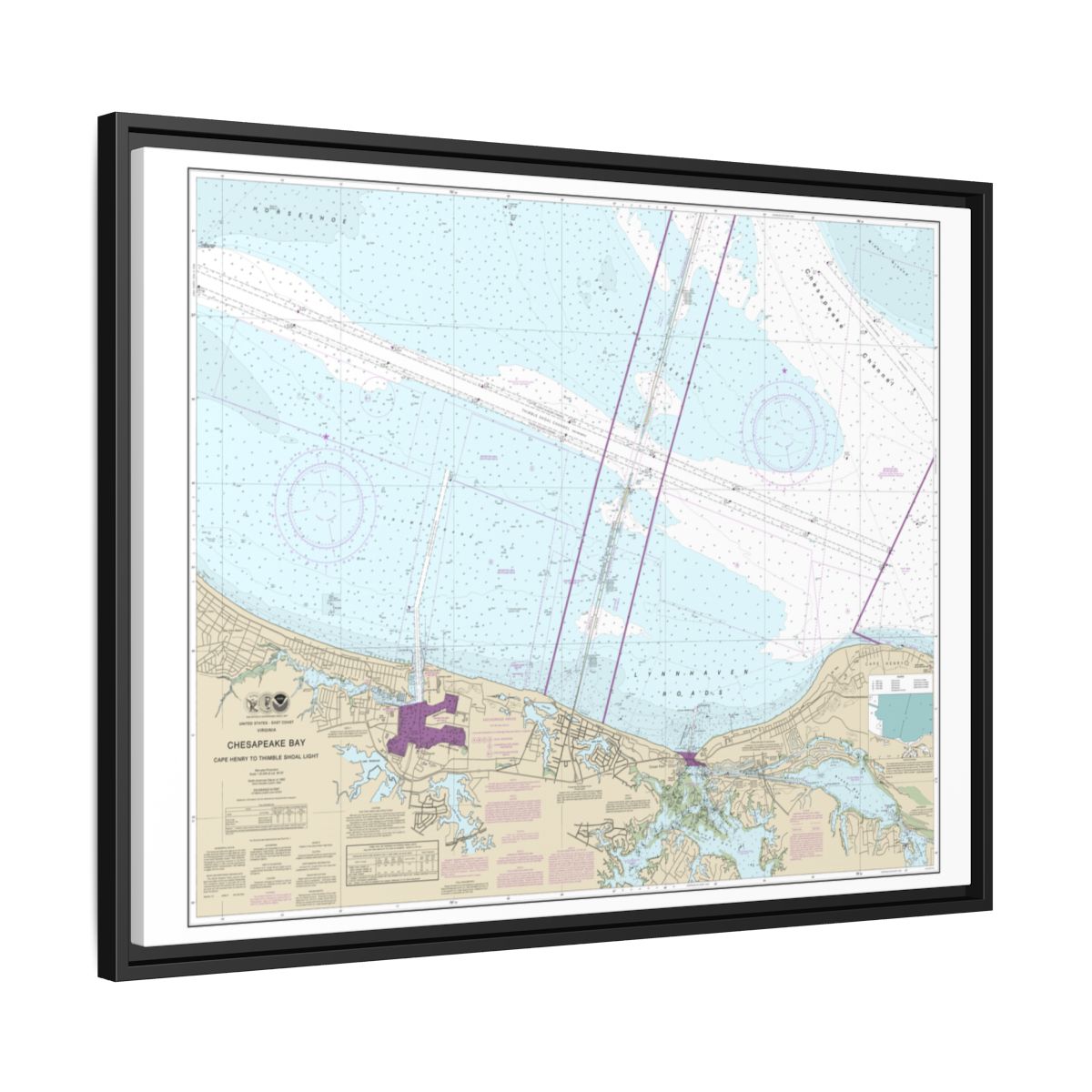 Chart 12254 Chesapeake Bay Cape Henry to Thimble Shoal Light - NOAA Nautical Chart Floating Frame Canvas | 32" x 24" | 40" x 30" - Black side