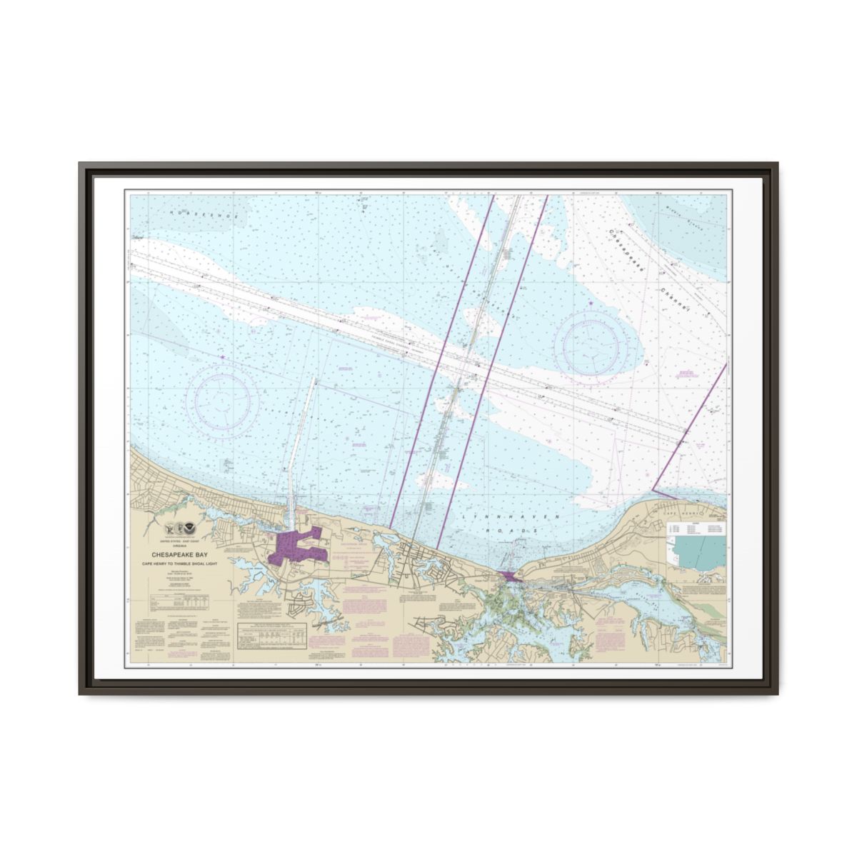 Chart 12254 Chesapeake Bay Cape Henry to Thimble Shoal Light - NOAA Nautical Chart Floating Frame Canvas | 32" x 24" | 40" x 30" - Espresso front