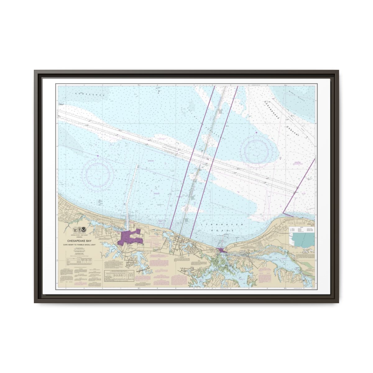 Chart 12254 Chesapeake Bay Cape Henry to Thimble Shoal Light - NOAA Nautical Chart Floating Frame Canvas | 32" x 24" | 40" x 30" - Espresso front