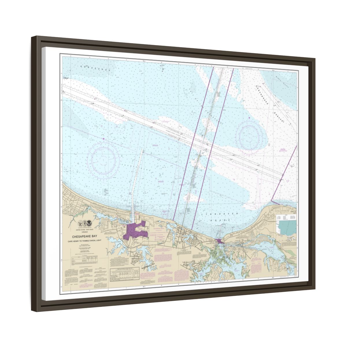 Chart 12254 Chesapeake Bay Cape Henry to Thimble Shoal Light - NOAA Nautical Chart Floating Frame Canvas | 32" x 24" | 40" x 30" - Espresso side