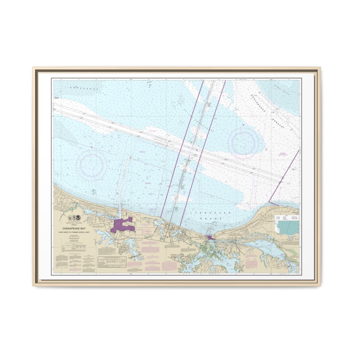 Chart 12254 Chesapeake Bay Cape Henry to Thimble Shoal Light - NOAA Nautical Chart Floating Frame Canvas | 32" x 24" | 40" x 30" - Natural front