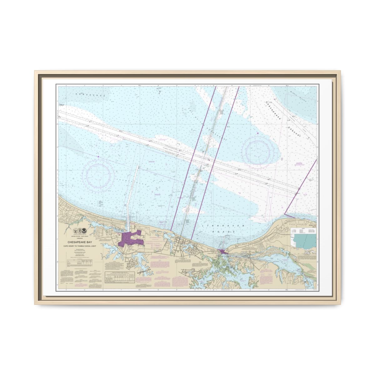 Chart 12254 Chesapeake Bay Cape Henry to Thimble Shoal Light - NOAA Nautical Chart Floating Frame Canvas | 32" x 24" | 40" x 30" - Natural front