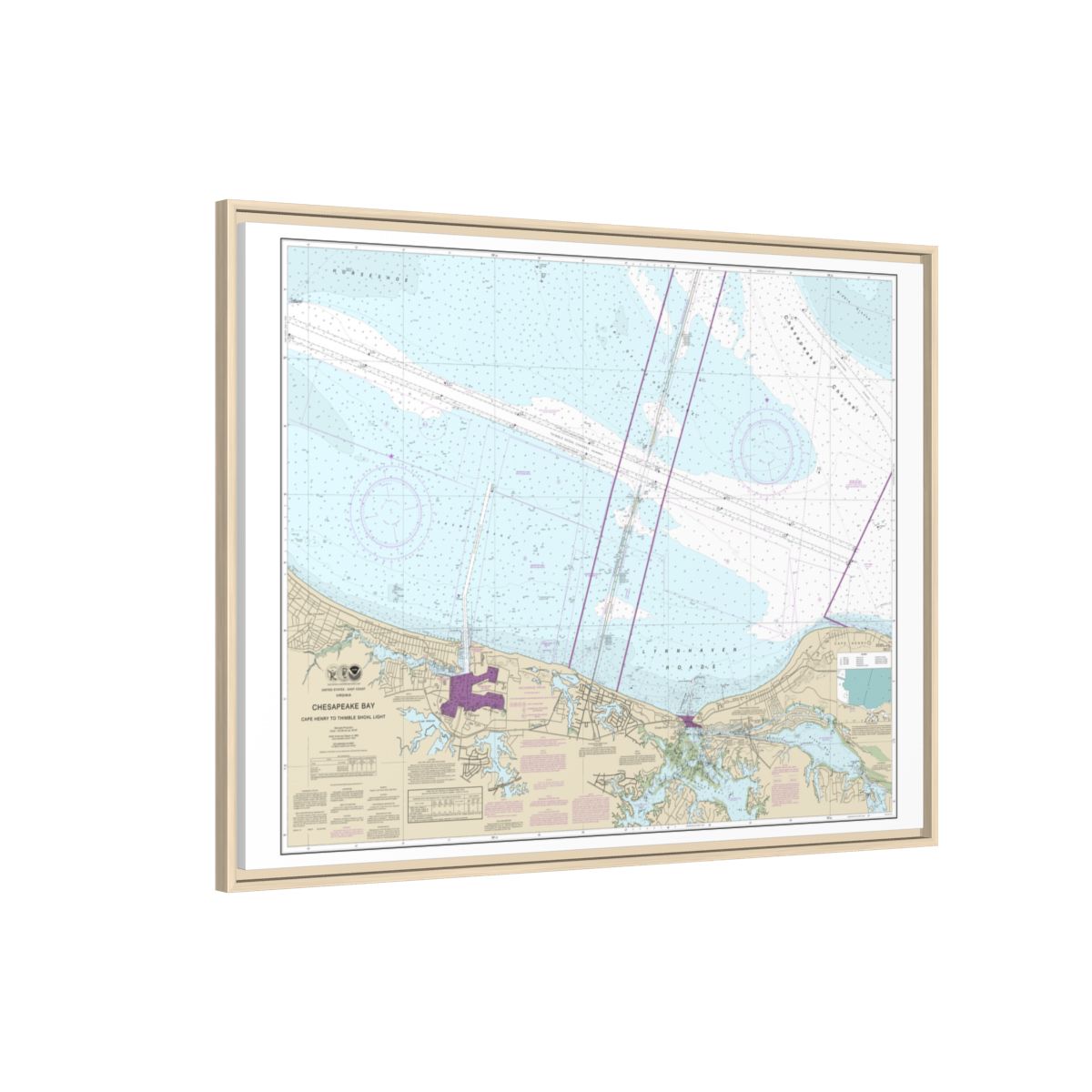 Chart 12254 Chesapeake Bay Cape Henry to Thimble Shoal Light - NOAA Nautical Chart Floating Frame Canvas | 32" x 24" | 40" x 30" - Natural side