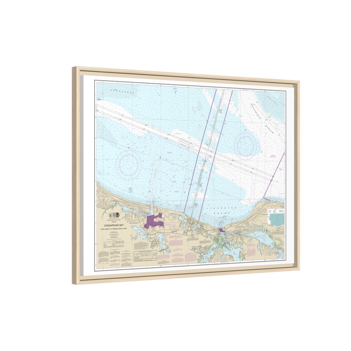 Chart 12254 Chesapeake Bay Cape Henry to Thimble Shoal Light - NOAA Nautical Chart Floating Frame Canvas | 32" x 24" | 40" x 30" - Natural side