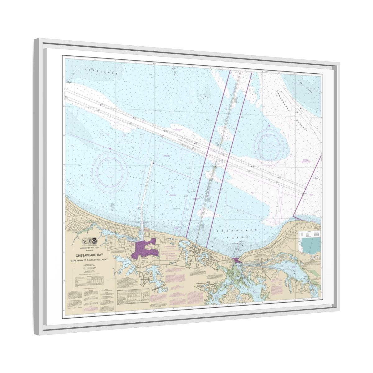Chart 12254 Chesapeake Bay Cape Henry to Thimble Shoal Light - NOAA Nautical Chart Floating Frame Canvas | 32" x 24" | 40" x 30" - White side