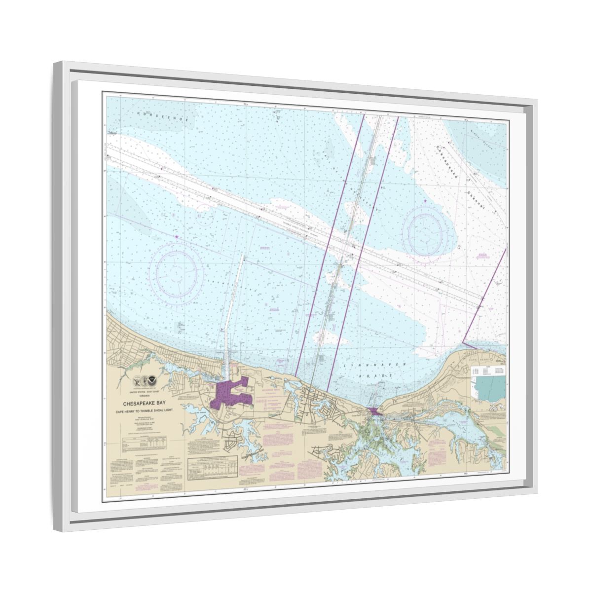 Chart 12254 Chesapeake Bay Cape Henry to Thimble Shoal Light - NOAA Nautical Chart Floating Frame Canvas | 32" x 24" | 40" x 30" - White side