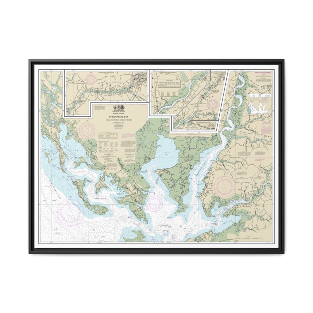 Chart 12261 Chesapeake Bay Honga, Nanticoke, Wicomico Rivers and Fishing Bay - NOAA Nautical Chart Floating Frame Canvas | 32" x 24" | 40" x 30" - Black front