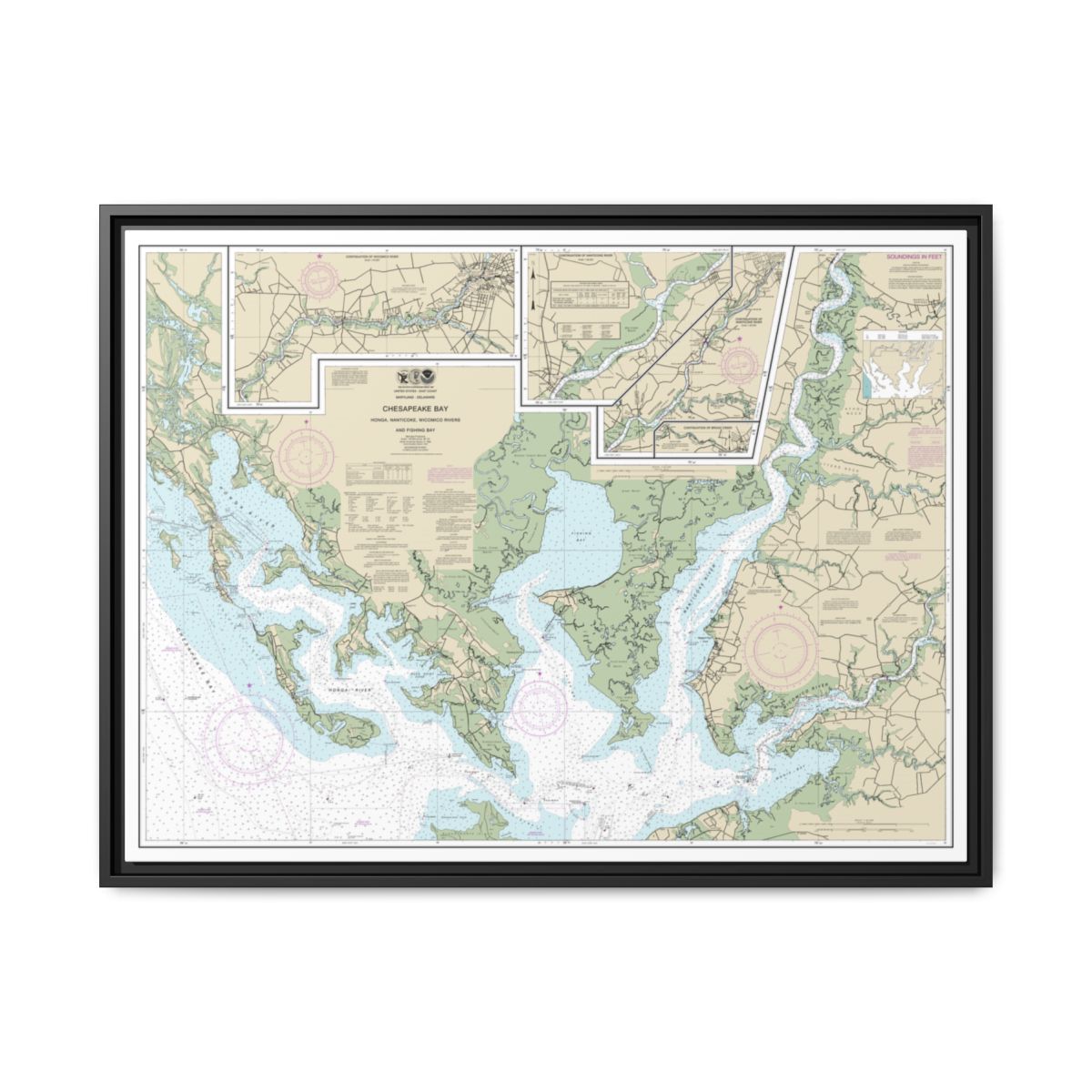 Chart 12261 Chesapeake Bay Honga, Nanticoke, Wicomico Rivers and Fishing Bay - NOAA Nautical Chart Floating Frame Canvas | 32" x 24" | 40" x 30" - Black front