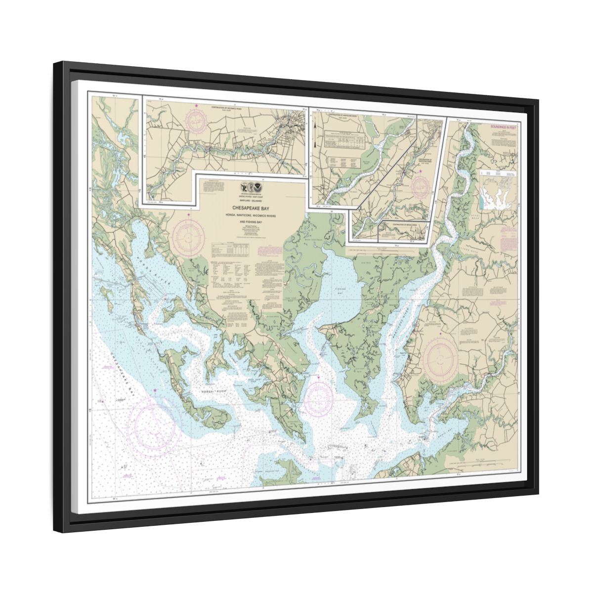 Chart 12261 Chesapeake Bay Honga, Nanticoke, Wicomico Rivers and Fishing Bay - NOAA Nautical Chart Floating Frame Canvas | 32" x 24" | 40" x 30" - Black side